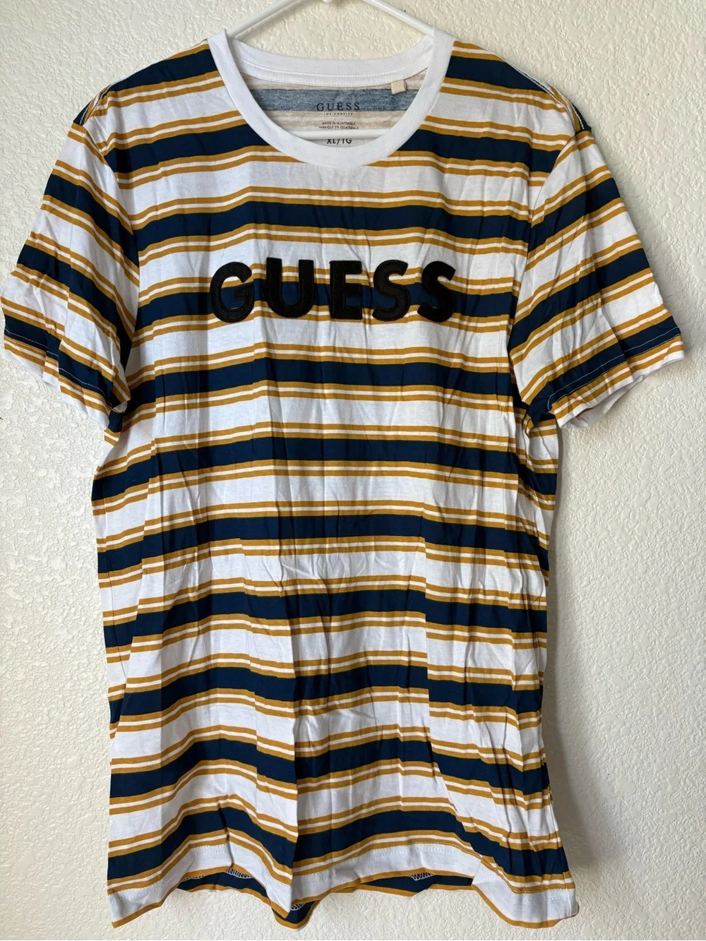 GUESS White Navy & Mustard Striped Logo Tee - Picture 1 of 8